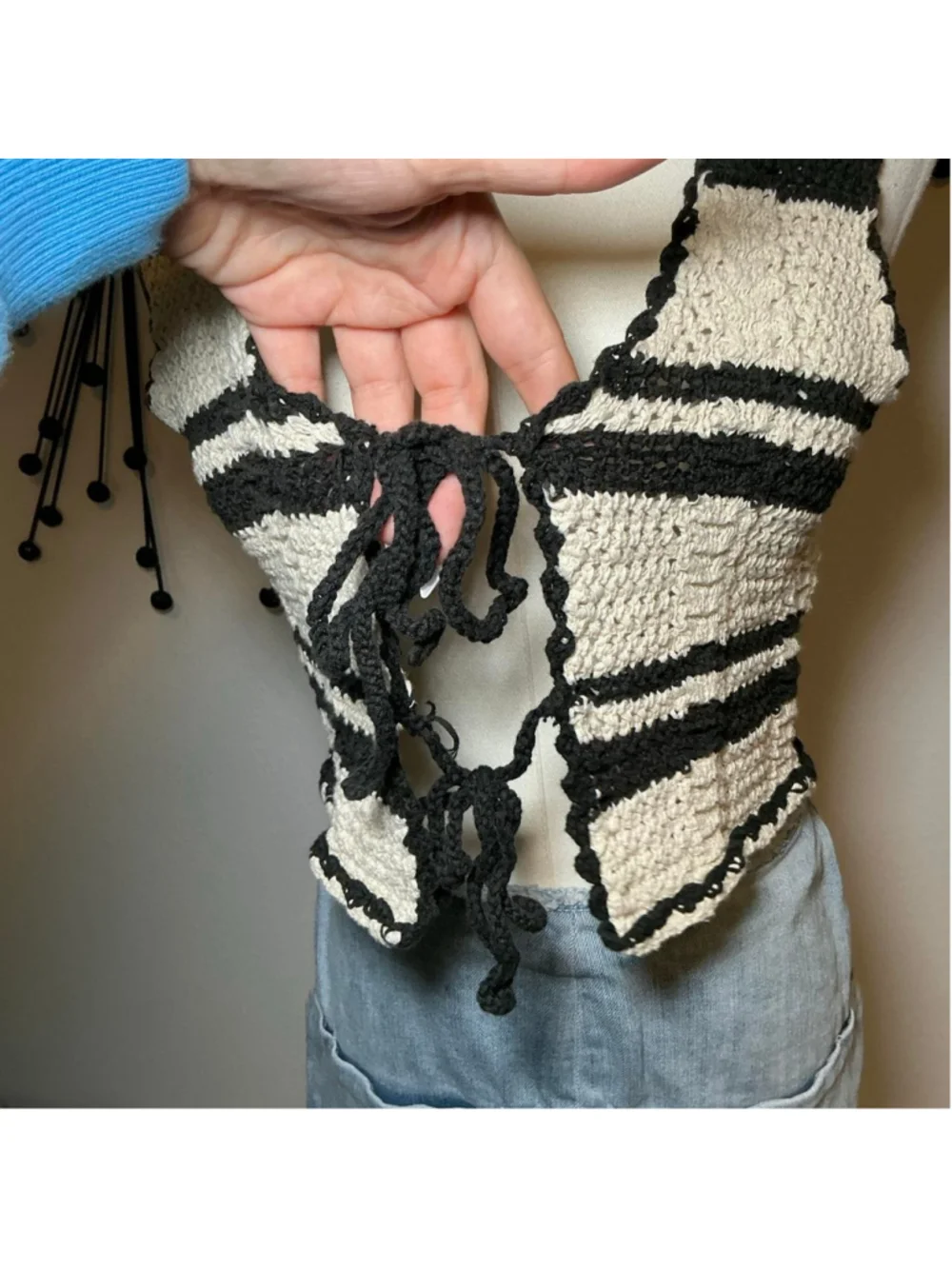 Cotton On Black White Crochet Tie Front Knit Vest XS Boho Festival